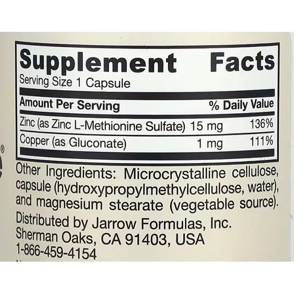 Цинк (Zinc Balance), Jarrow Formulas, 15 мг 100 капсул