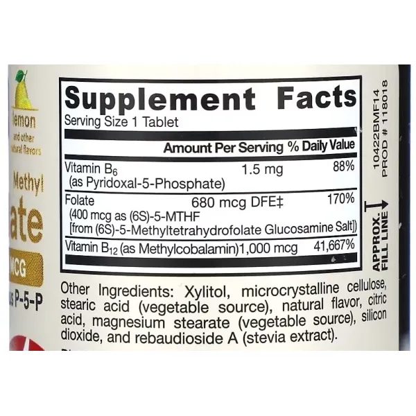 Метилфолат і метил B-12 (Methyl B-12 & Methyl Folate Lemon Flavor) 1000 мкг/400 мкг 100 льодяників зі смаком лимона