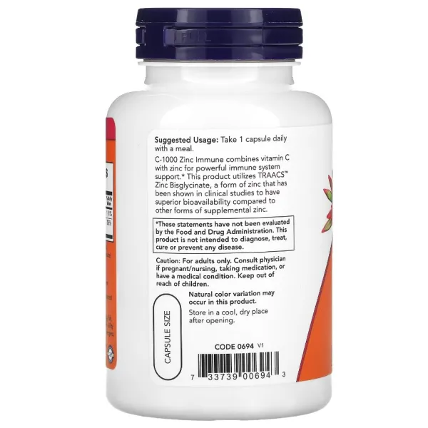 Вітамін С та цинк для імунітету, C-1000 Zinc Immune, Now Foods, 90 капсул