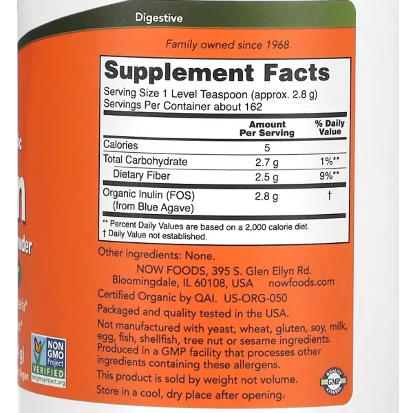 Органічний інулін (Certified Organic Inulin) Now Foods 454 г