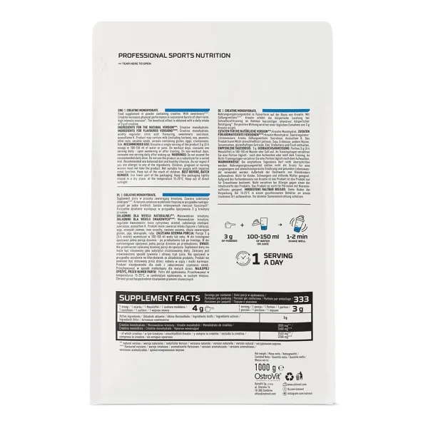 Креатин моногідрат, Creatine Monohydrate, OstroVit, 1 кг без смакових добавок