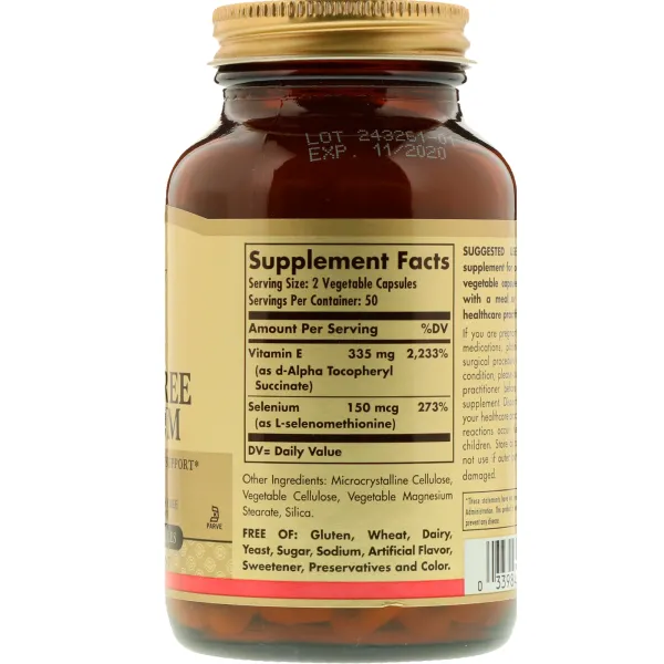 Вітамін E сухий з селеном без дріжджів (Vitamin E with Selenium) 335 мг/150 мкг 100 капсул