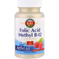 Фолієва кислота та вітамін В12, Folic Acid Methyl B-12, KAL, 800 мкг/1000 мкг 60 таблеток зі смаком малини