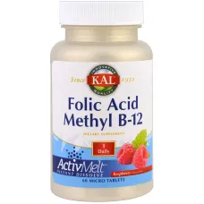 Фолиевая кислота и витамин В12, Folic Acid Methyl B-12, KAL, 800 мкг/1000 мкг 60 таблеток со вкусом малины