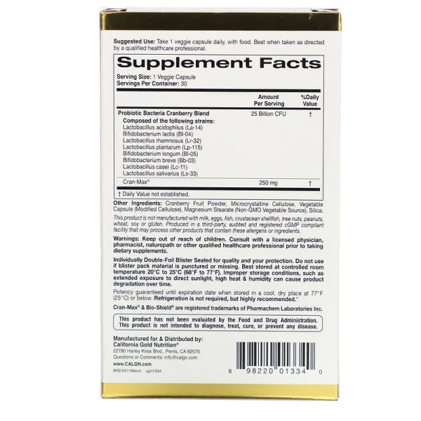 Пробіотики з клюкви (LactoBif Probiotics Cran-Max) 25 млрд КУО 30 капсул