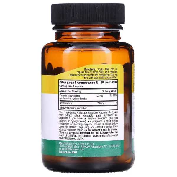 Бенфотіамін з тіаміном, Benfotiamine, Country Life, 150 мг, 60 капсул