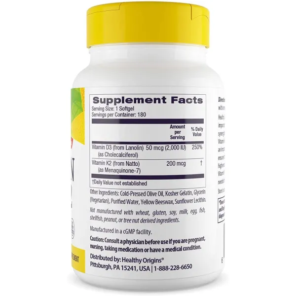 Вітаміни D3 і K2 (Vitamins D3 & K2) 2000 МО/200 мкг 180 капсул