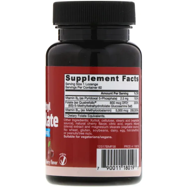 Метилфолат і метил B-12 (Methyl B-12 & Methyl Folate Cherry Flavor) 5000/800 мкг 60 льодяників зі смаком вишні