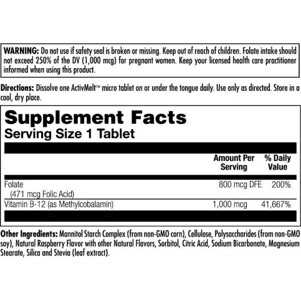 Фолієва кислота та вітамін В12, Folic Acid Methyl B-12, KAL, 800 мкг/1000 мкг 60 таблеток зі смаком малини