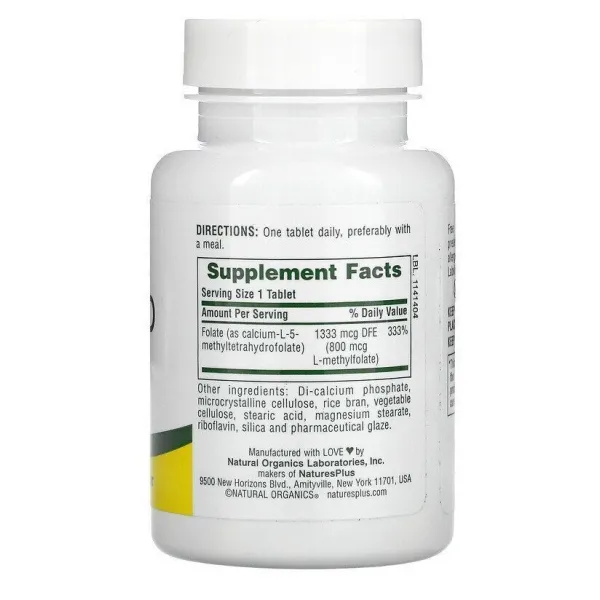 Метилфолат, Folic Acid, Nature's Plus, 800 мкг, 90 таблеток