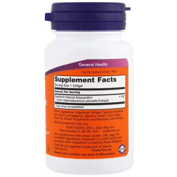 Астаксантин (Astaxanthin), NOW Foods, 4 мг 60 капсул