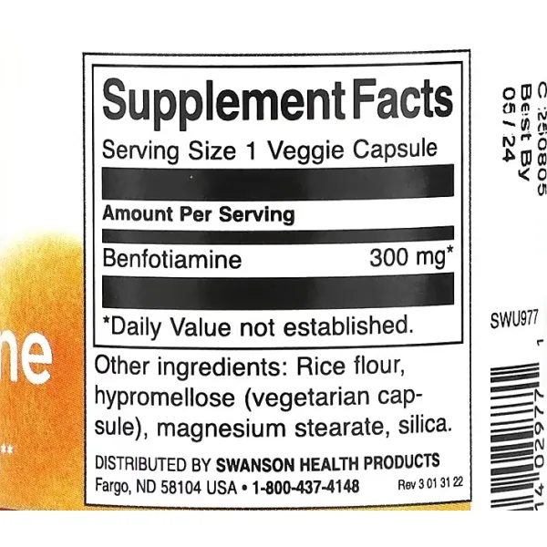 Бенфотіамін (Benfotiamine), Swanson, 150 мг 60 таблеток
